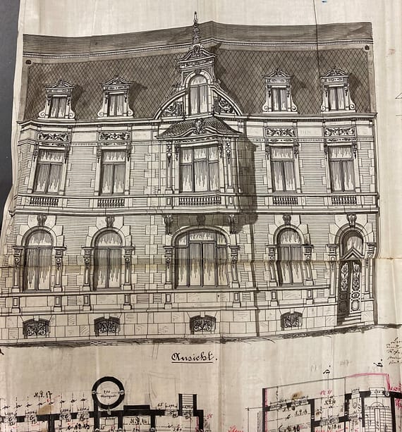 Original-Bauplan der Fassade des Bismarckhauses in Essen um 1900 – Referenz für Bauträger